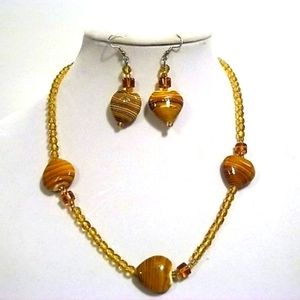 Handmade Brown Glass Heart Necklace and Earring Set
